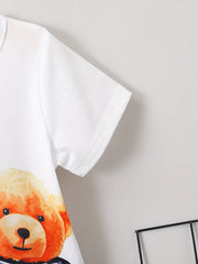 Boys Teen Bear Graphic Print T shirt & Plaid Shorts Set For Summer