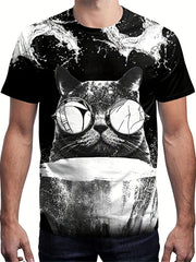 Vintage Cat Graphic T shirt for Men 3D Digital Print Crew Neck Tee