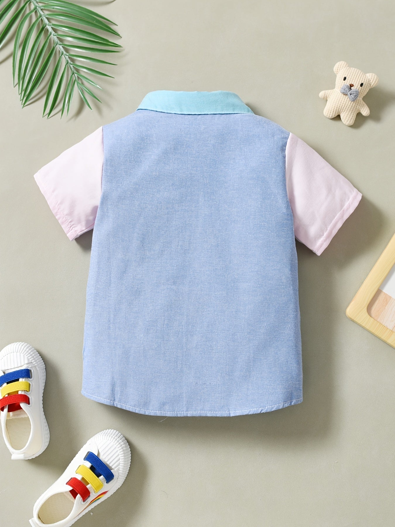 Boys Block Pocket Button Lapel Short Sleeve Shirts Tops Kids Clothes