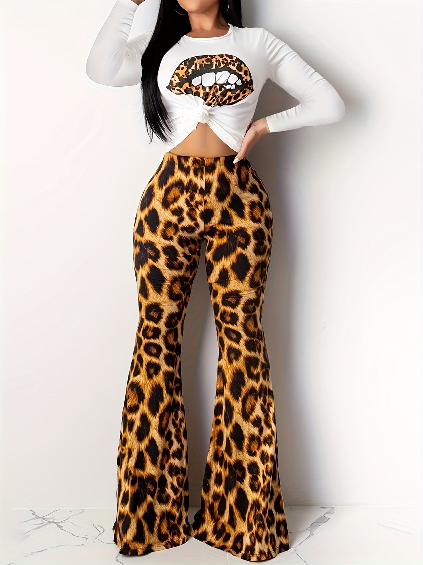 Leopard Print and Lips Print Two-Piece Set: Long Sleeve Top & Flared Leg Pants