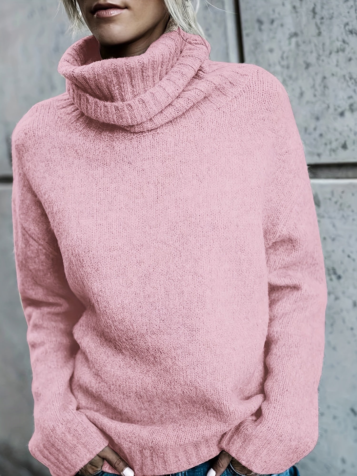 Solid Turtleneck Sweater Split Warm Knitted Jumper