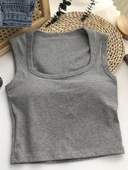 Solid Square Neck Tank Top Wide Straps Padded Sports Vest Top