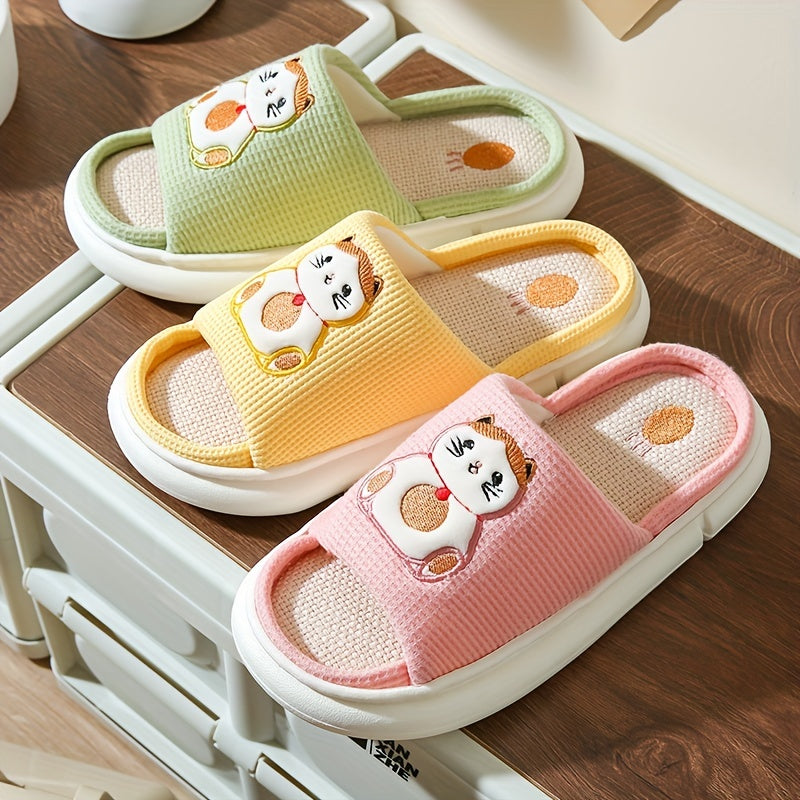 Women's Animal Printed Slippers Open Toe Non-Slip Linen Slide Shoes