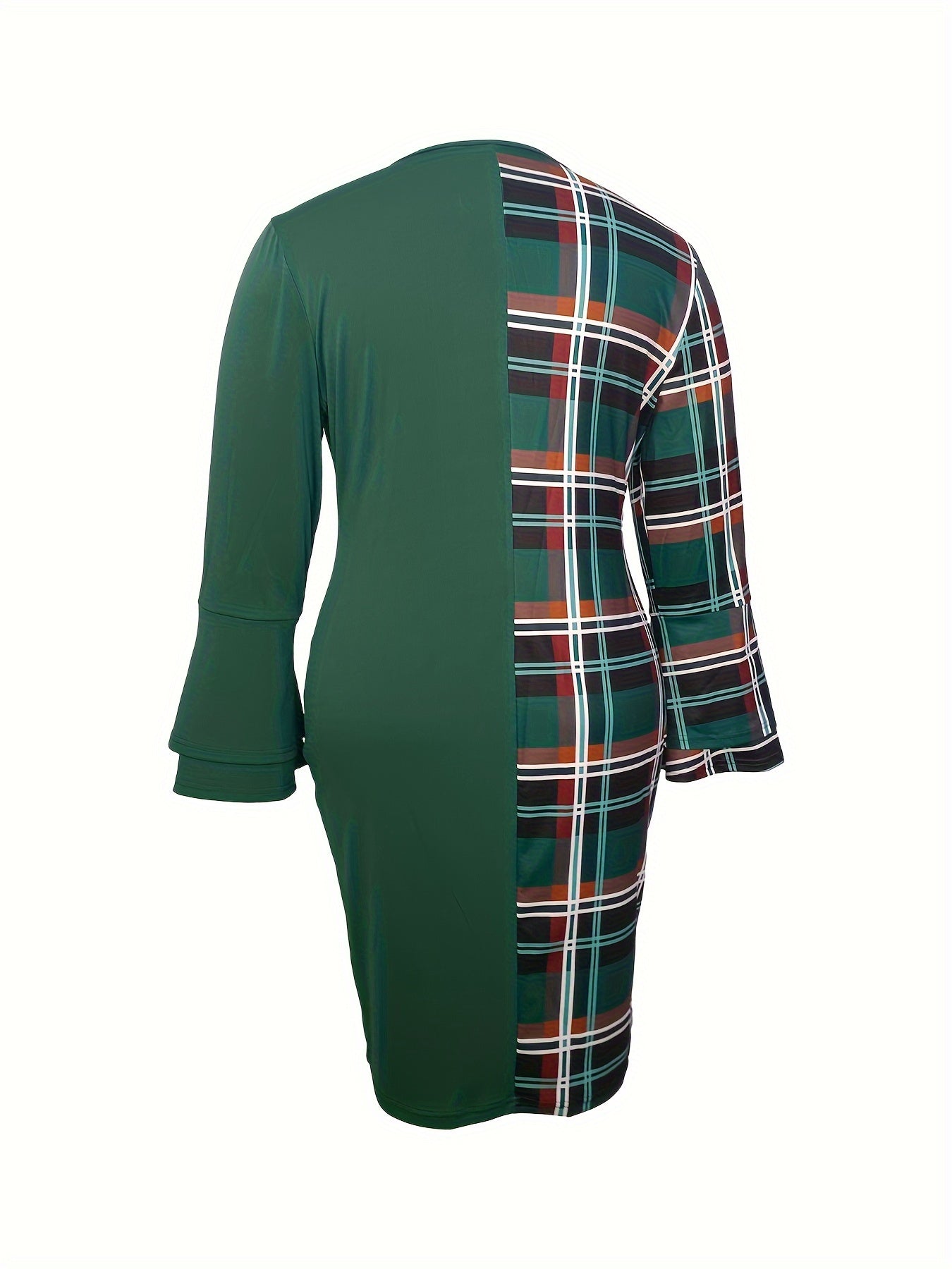 Colorblock Plaid Bell Sleeve Dress