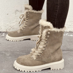 Women's Chunky Heel Plush Boots Lace Up Outdoor Boots