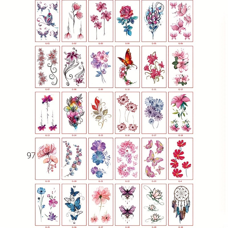 30 Sheets Flowers Temporary Tattoos For Women Waterproof Body Art Stickers