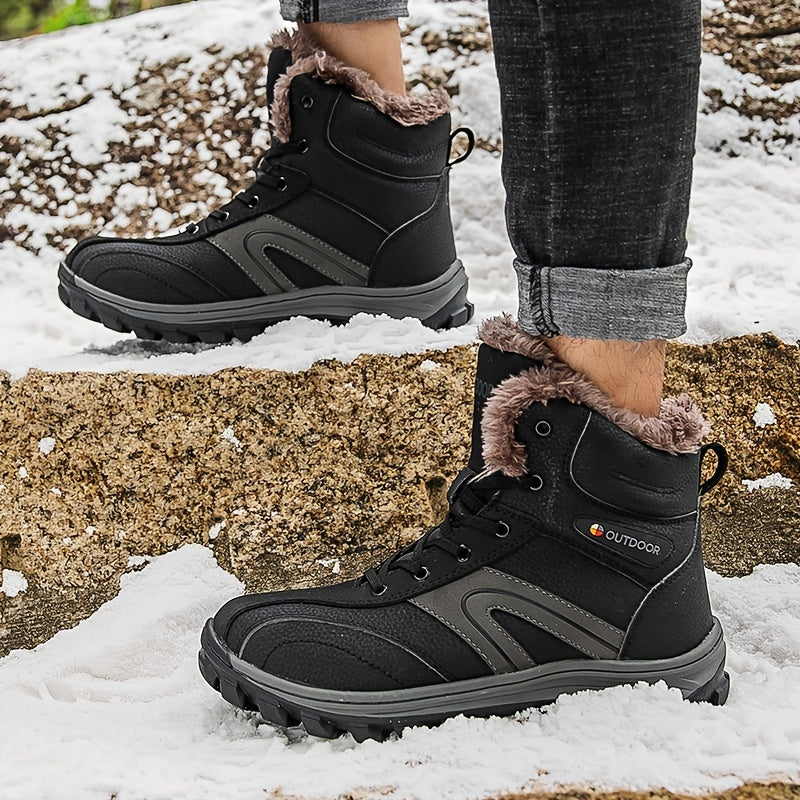 Men's Outdoor Snow Boots Leather Warm Fleece Anti-slip Hiking Boots Winter