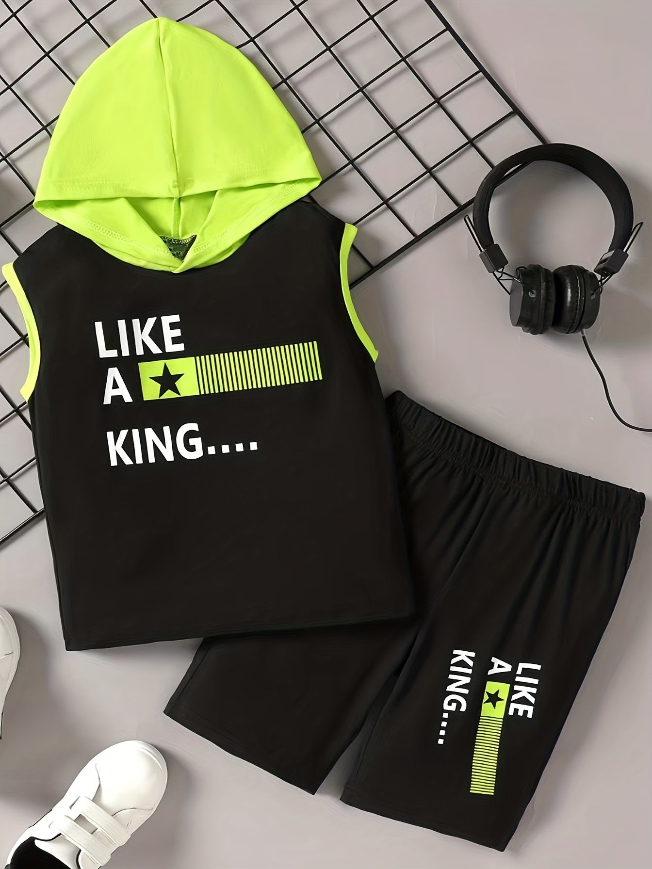Boys King Casual Outfit Hooded Tank Top & Shorts Summer Clothes Sets