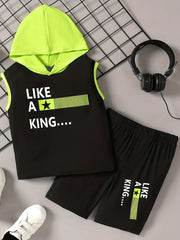 Boys King Casual Outfit Hooded Tank Top & Shorts Summer Clothes Sets
