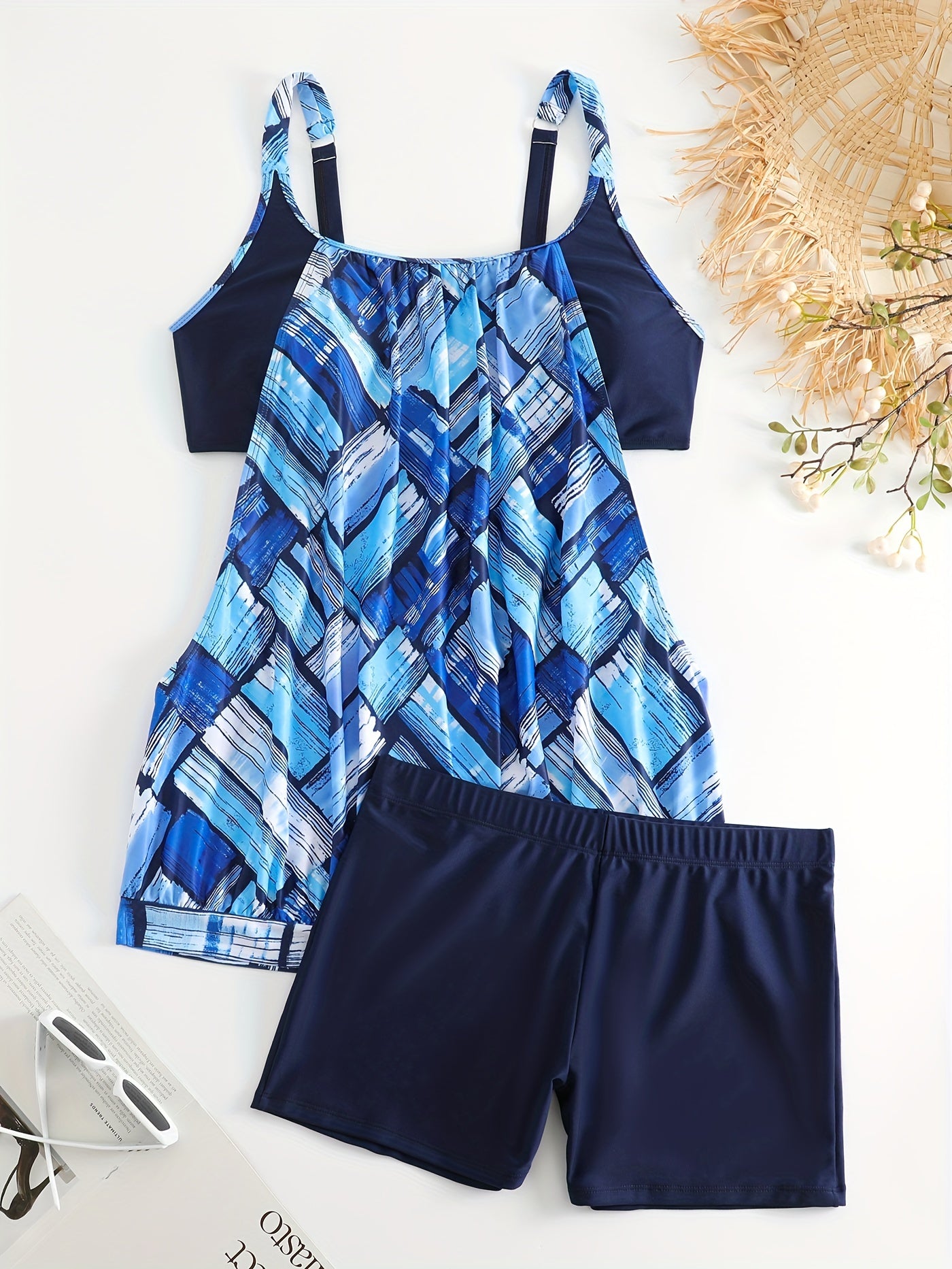 Patchwork Print Tankini Set Women's Two Piece Swimsuit