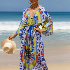 Plus Size Boho Kimono Women's Plus Painting Print V Neck Batwing Sleeve