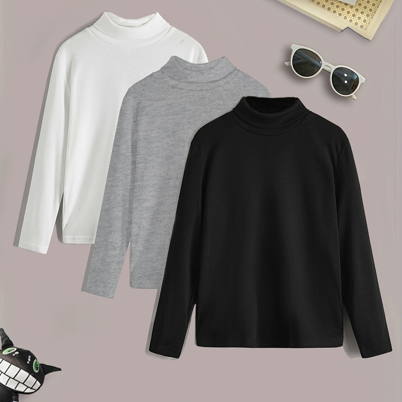 3pcs Boys Solid Sweater Round Neck Long Sleeve Stretch Warm Knit Pullover Top