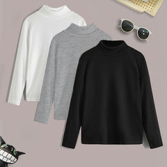 3pcs Boys Solid Sweater Round Neck Long Sleeve Stretch Warm Knit Pullover Top
