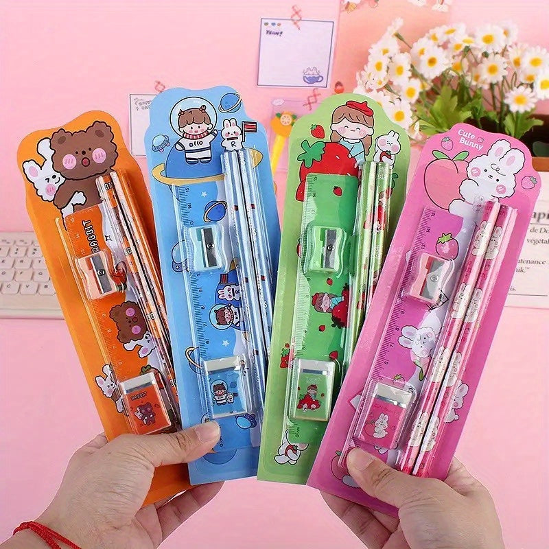 12pcs Cartoon Stationery Set for Office Use - Pencils, Eraser, Ruler, Sharpener