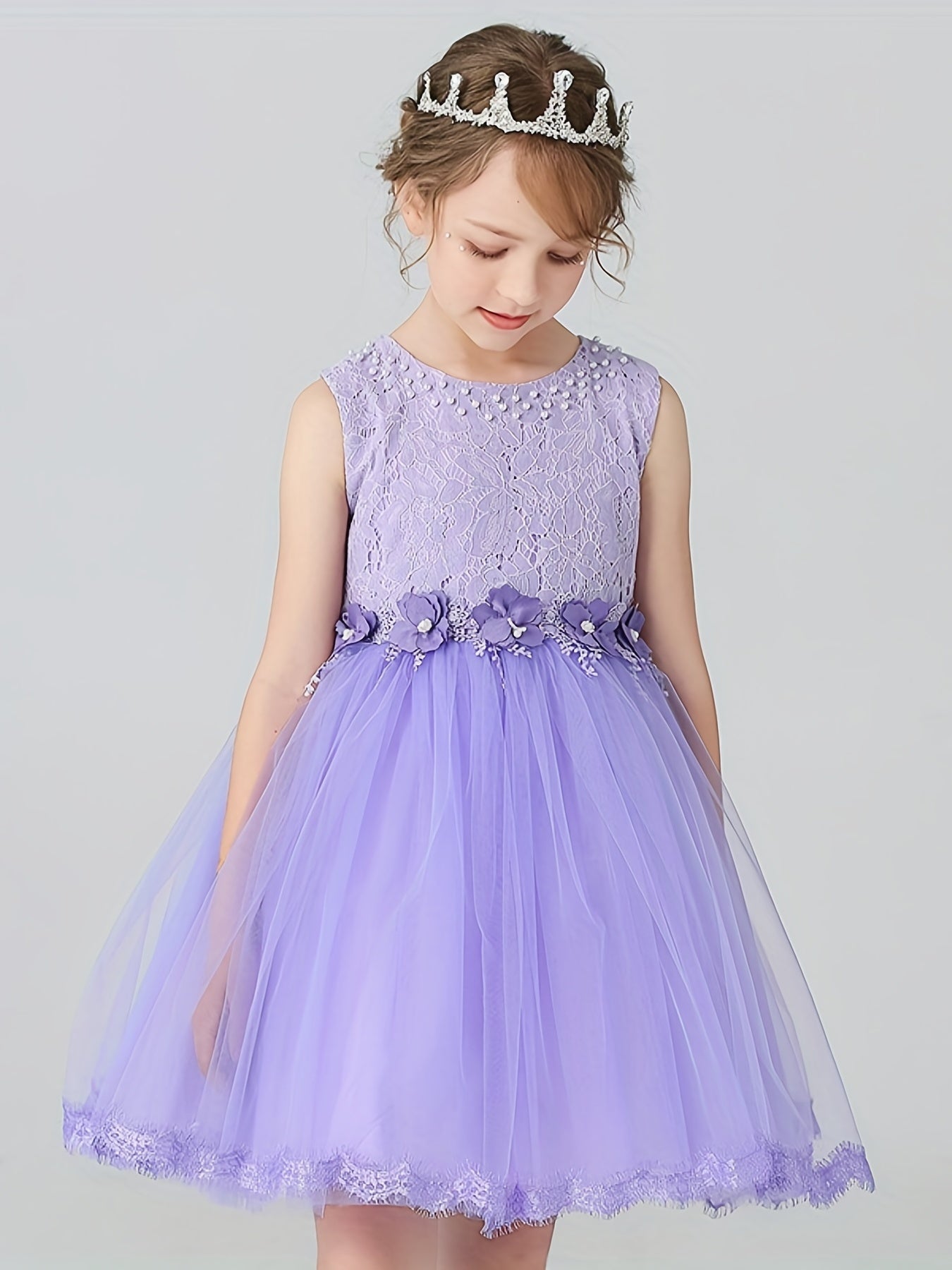 Girls Sleeveless Tutu Dress Beads Flower Appliques Party Birthday Princess Dress