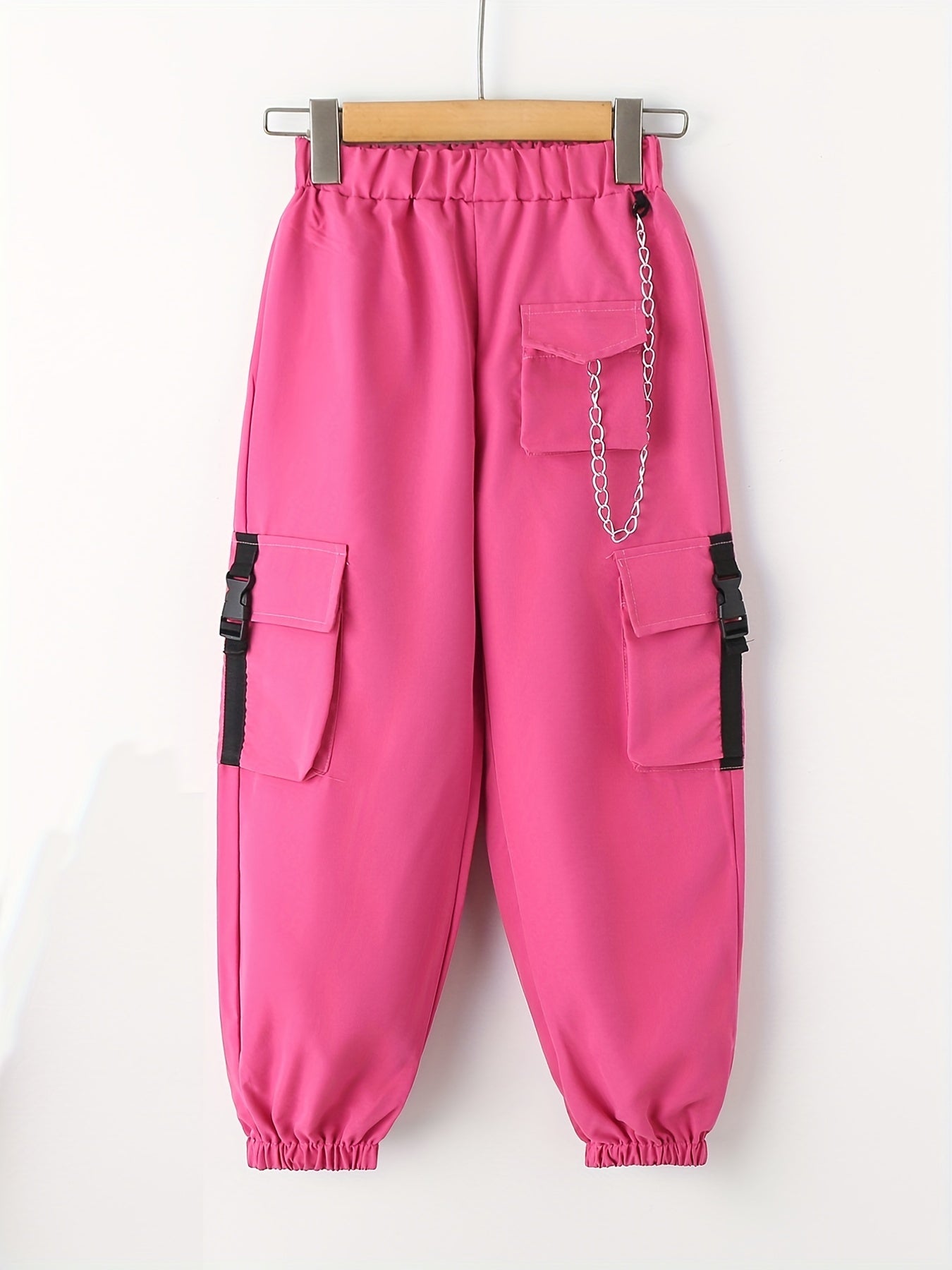 Girls Cargo Pants with Buckle Tape Chain Detail