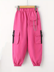 Girls Cargo Pants with Buckle Tape Chain Detail