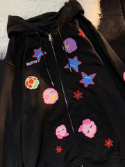 Cartoon Print Loose Thin Cardigan Zipper Sweatshirt