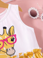 Girls Summer Floral Printing Dress Sleeveless Cartoon Giraffe Print 1-6 Yrs
