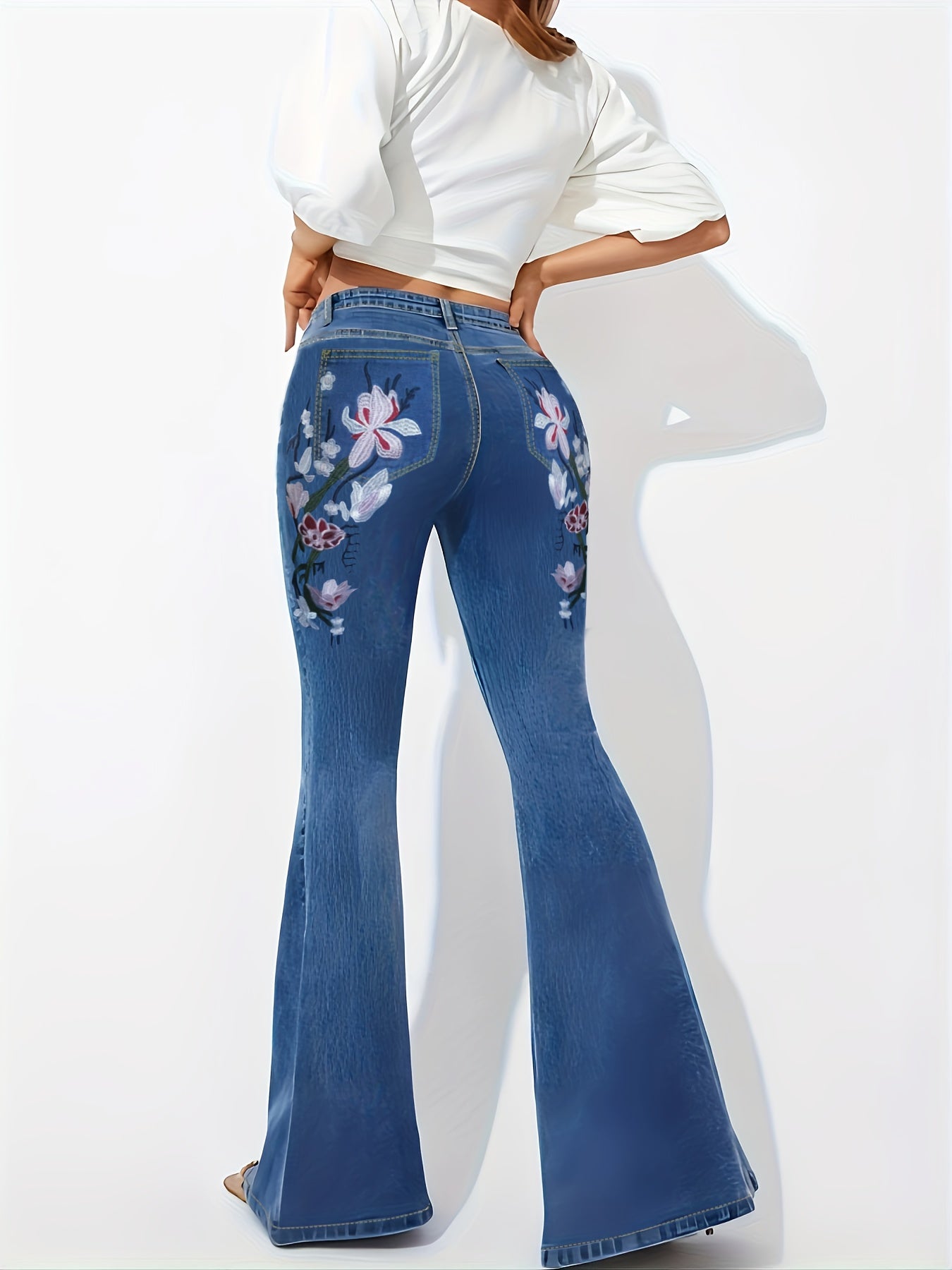 Floral Print High Rise Flared Leg Jeans