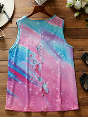Tie Dye Butterfly Print Tank Top Lace Trim V Neck