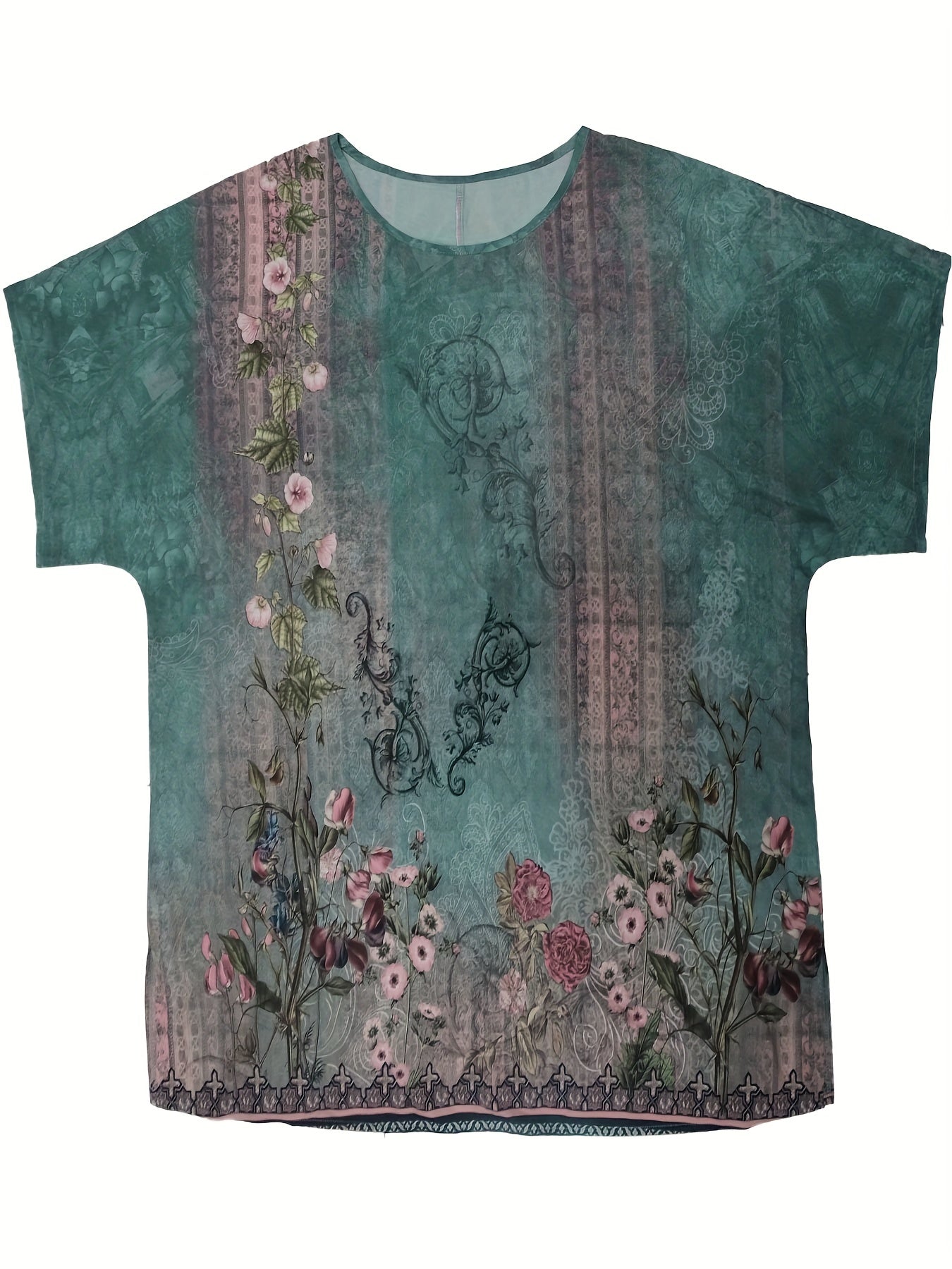 Floral Print Short Sleeve Round Neck Plus Size Casual Blouse
