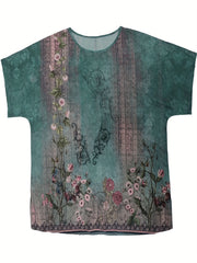 Floral Print Short Sleeve Round Neck Plus Size Casual Blouse