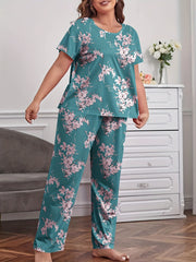 Floral Print Pajama Set Short Sleeve Tee & Pants Loungewear