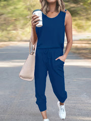 Solid Two piece Pants Set Crew Neck Tank Top & Drawstring Pants