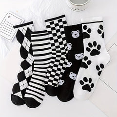 Bear Print Socks Striped Mid Tube Stockings