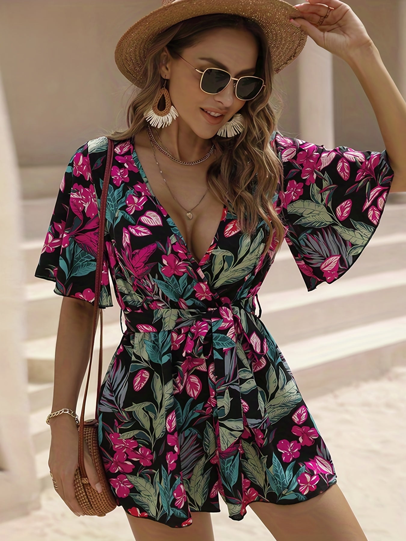 Boho Floral Print Belted Jumpsuit Flutter Sleeve Deep V Neck Casual Jumpsuit
