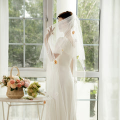 Polyester Bridal Veil with Colorful Flowers for Outdoor Wedding Theme