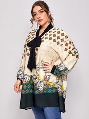 Blouse Women's Plus Tribal Print Lantern Sleeve Knot V Neck Tunic Top