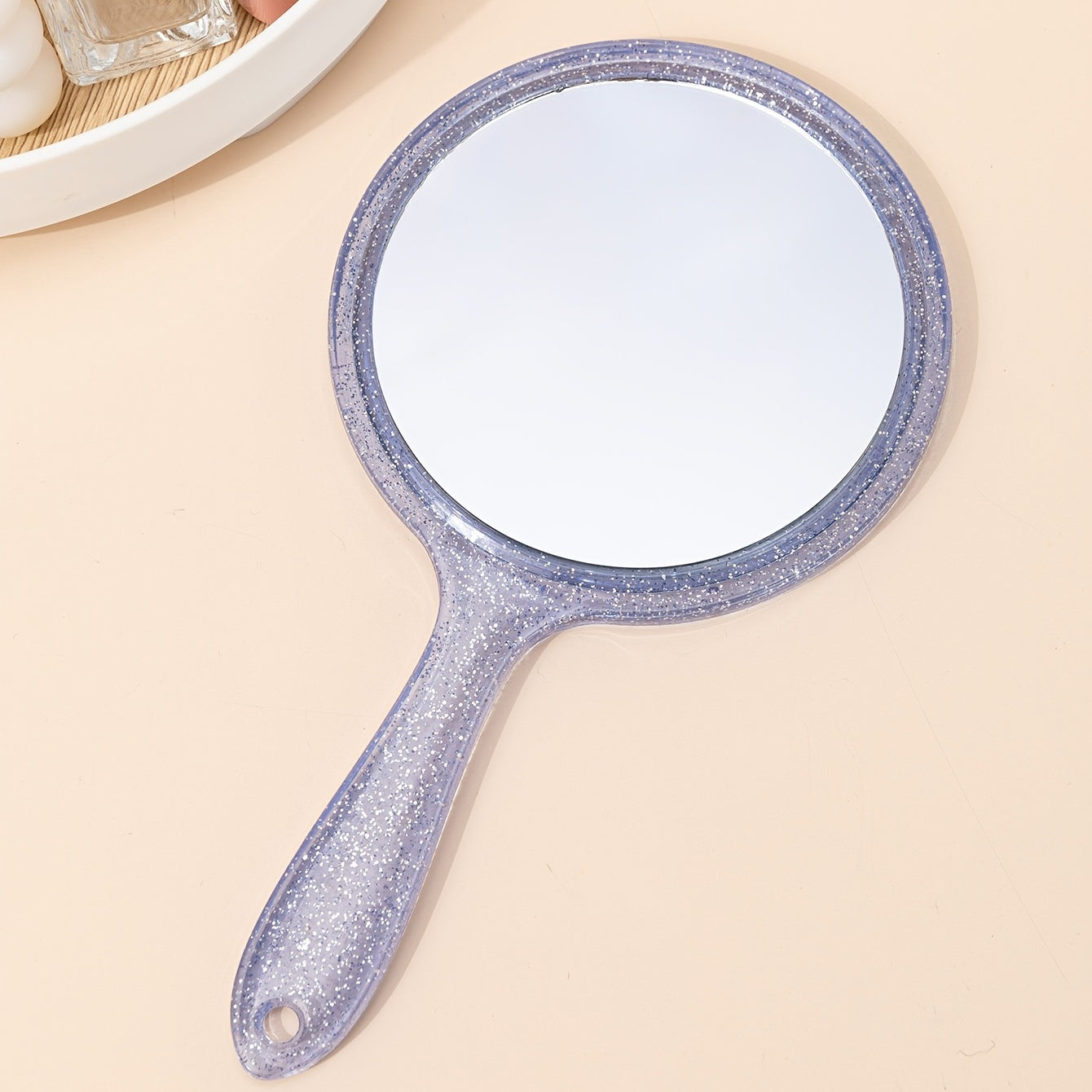 Round Handheld Makeup Vanity Mirror Bright Purple Handle