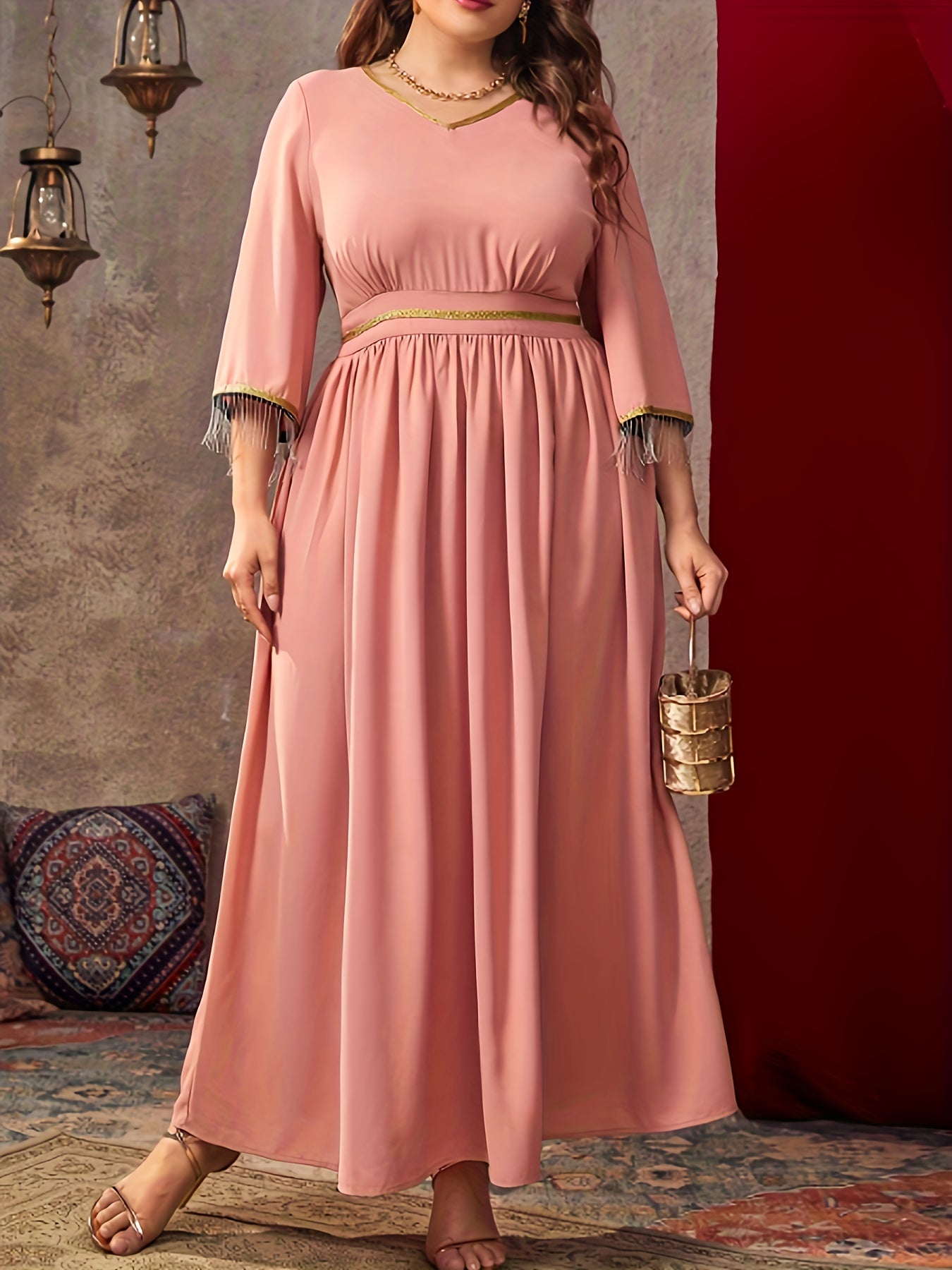 Women's Plus Colorblock V Neck Maxi Kaftan Dress