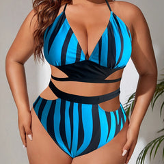 Striped Print Halter Bra & Panty Swimsuit Set
