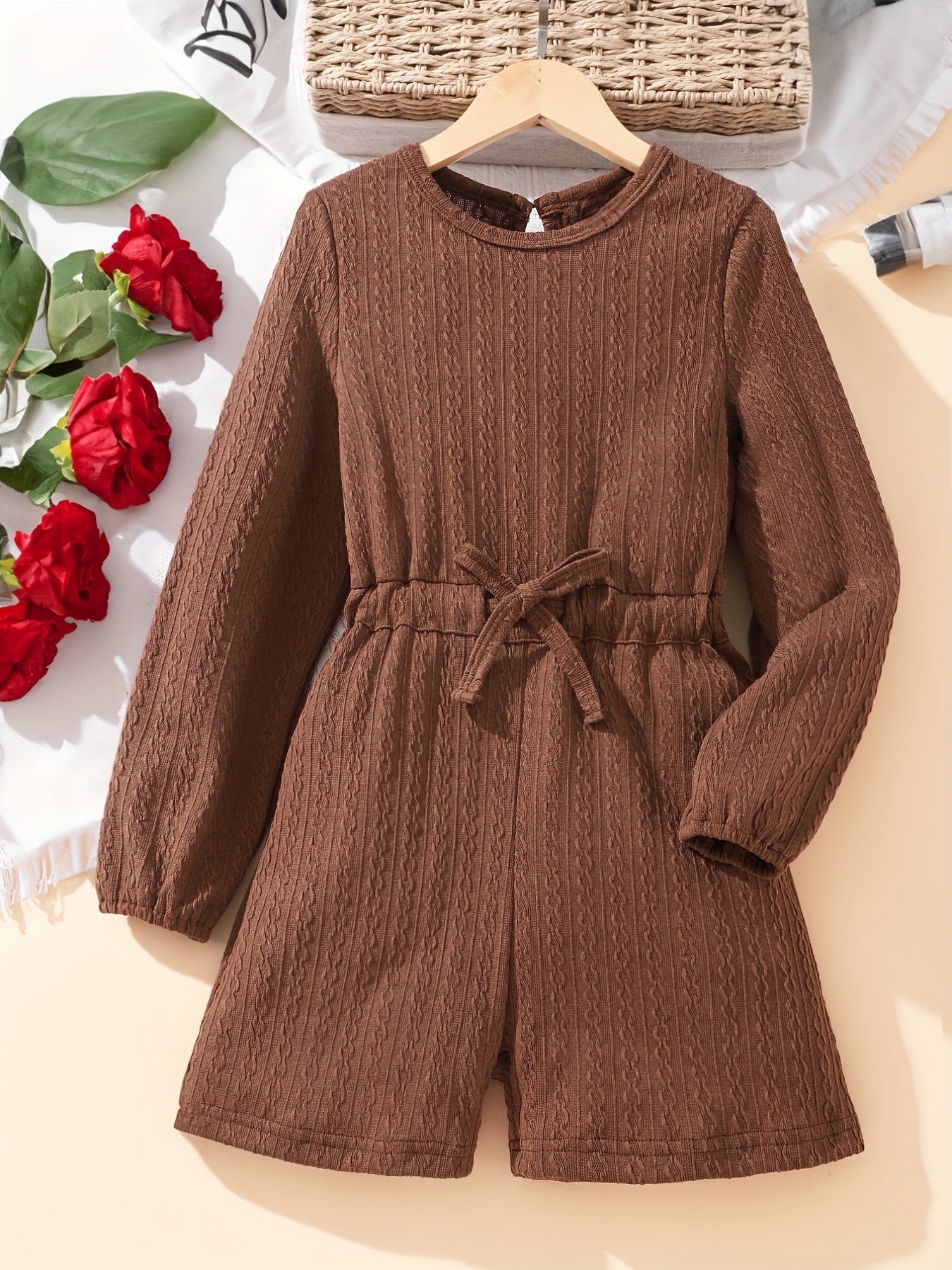 Girls Knitted Long Sleeve Jumpsuit with Waist Belt