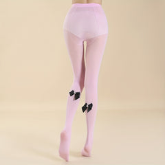 Bow Decor Slim Tights High Waist Mesh Footed Pantyhose