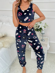 Heart Print Fuzzy Pajama Set Tank Top & Pants