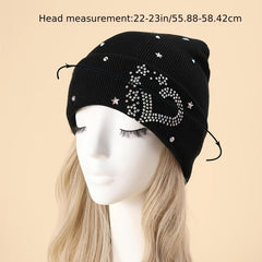 Heart Rhinestone Beanie Hat Winter Soft Knit Warm Skull Cap