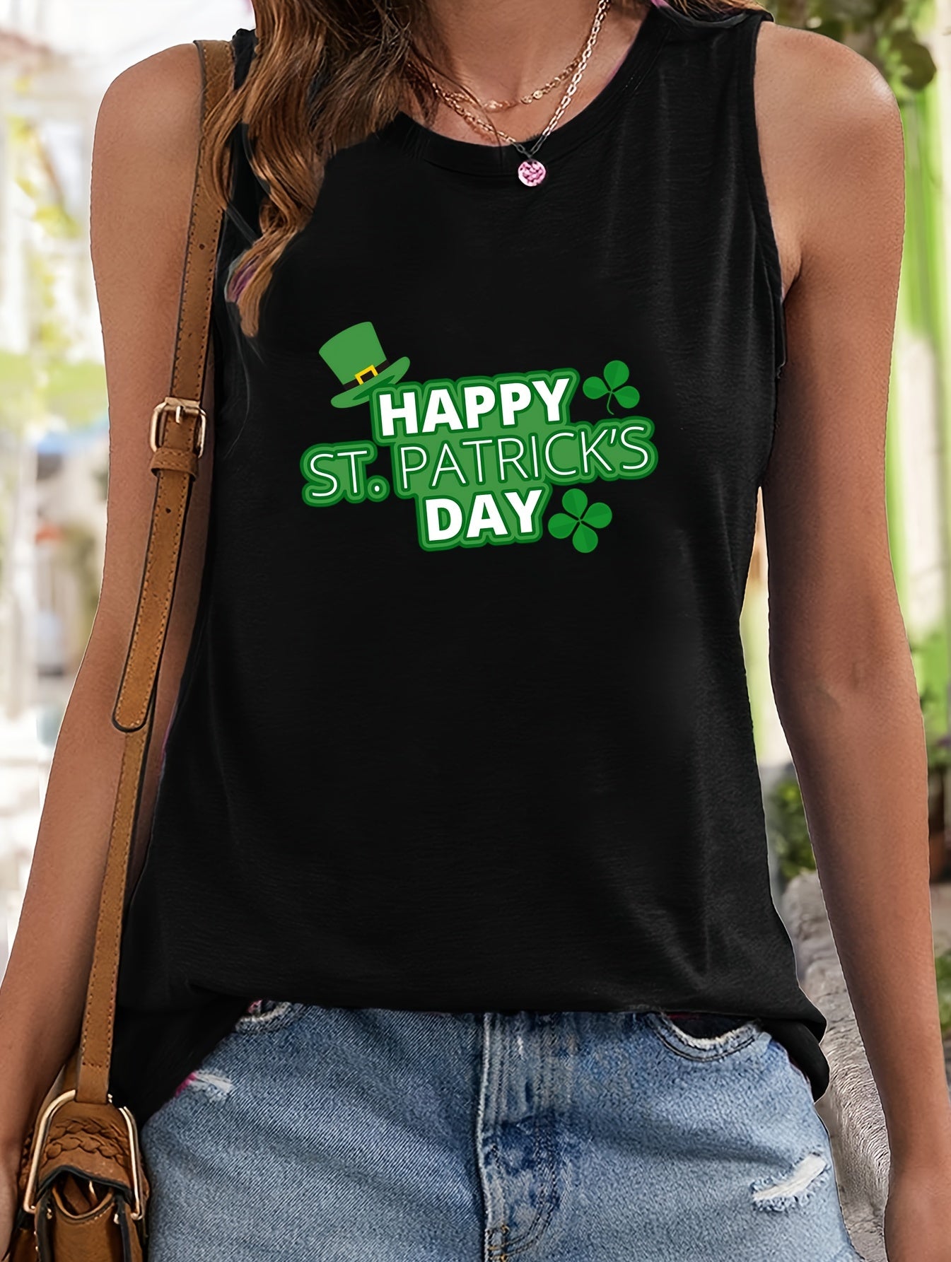 Leaf & Letter Print Sleeveless Sports Vest Round Neck Casual Top