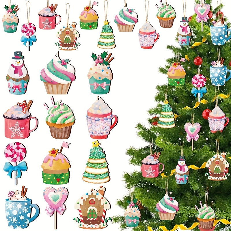 36pcs Christmas Hot Cocoa Wooden Ornaments with Rope Christmas Hanging Ornaments