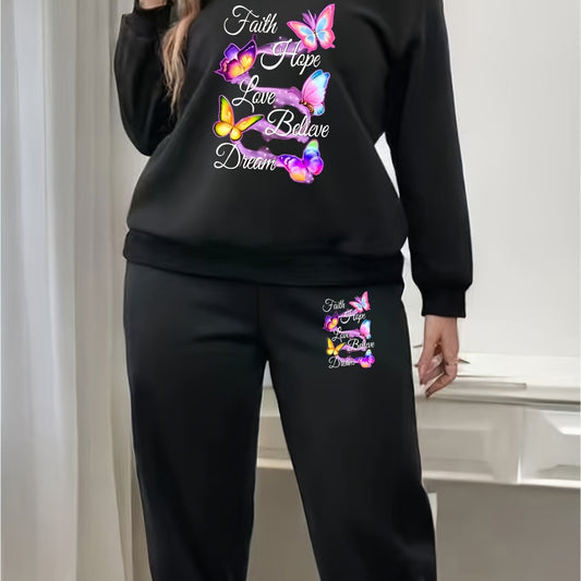 Butterfly & Art Letter Print Fleece Sweatshirt & Jogger Sweatpants Set
