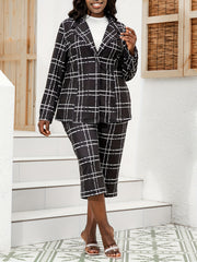 Grid Print Blazer & Pants Suit Sets
