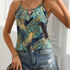 Tropical Print Cami Top Sexy Keyhole Spaghetti Strap Sleeveless Top