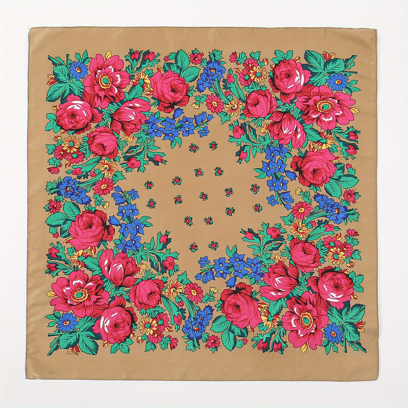Boho Flower Print Brown Bandana Square Scarf Neckerchief Head Wrap