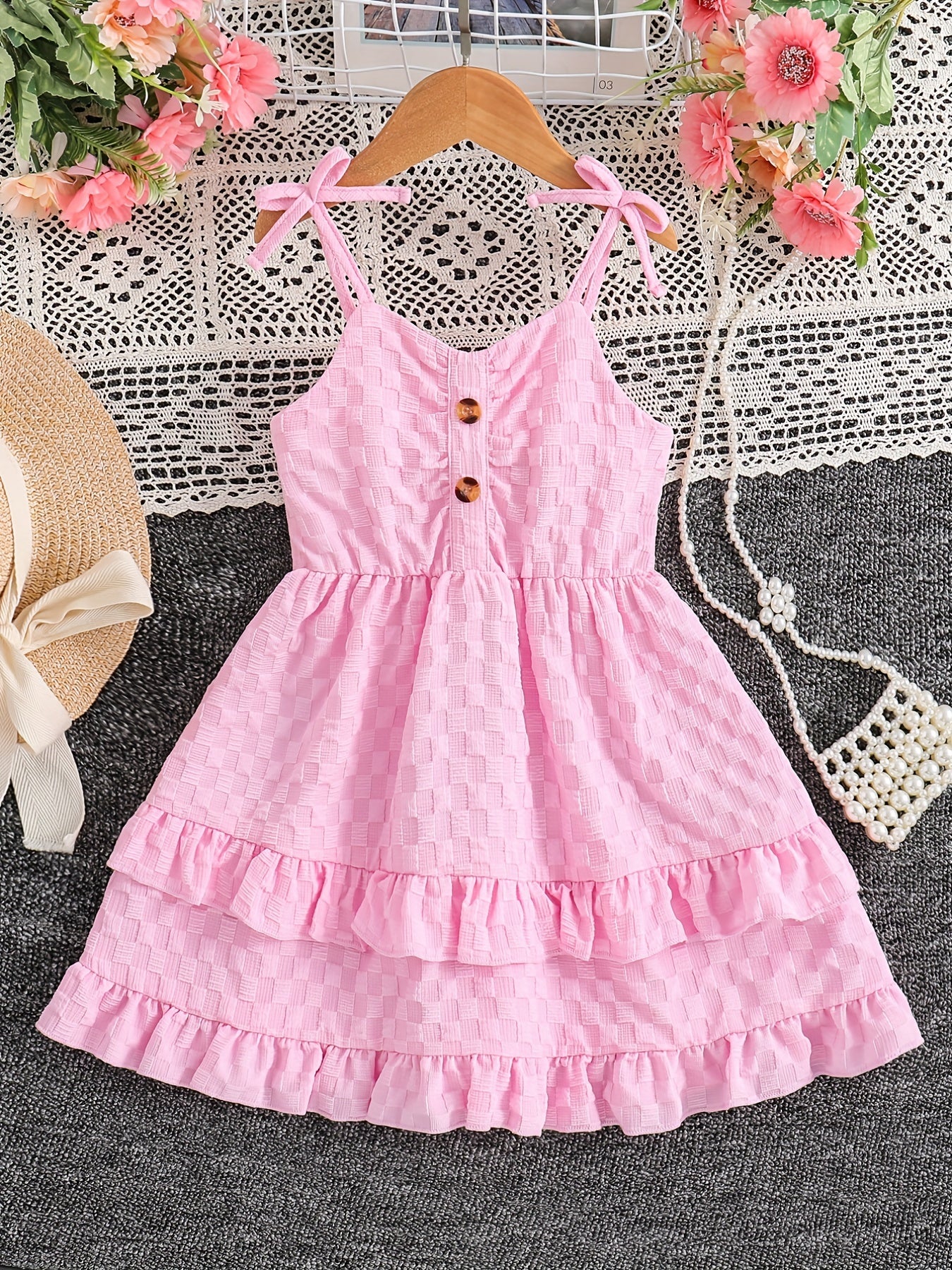 Girls' Bowknot Spaghetti Strap Cami Dress Knee Length