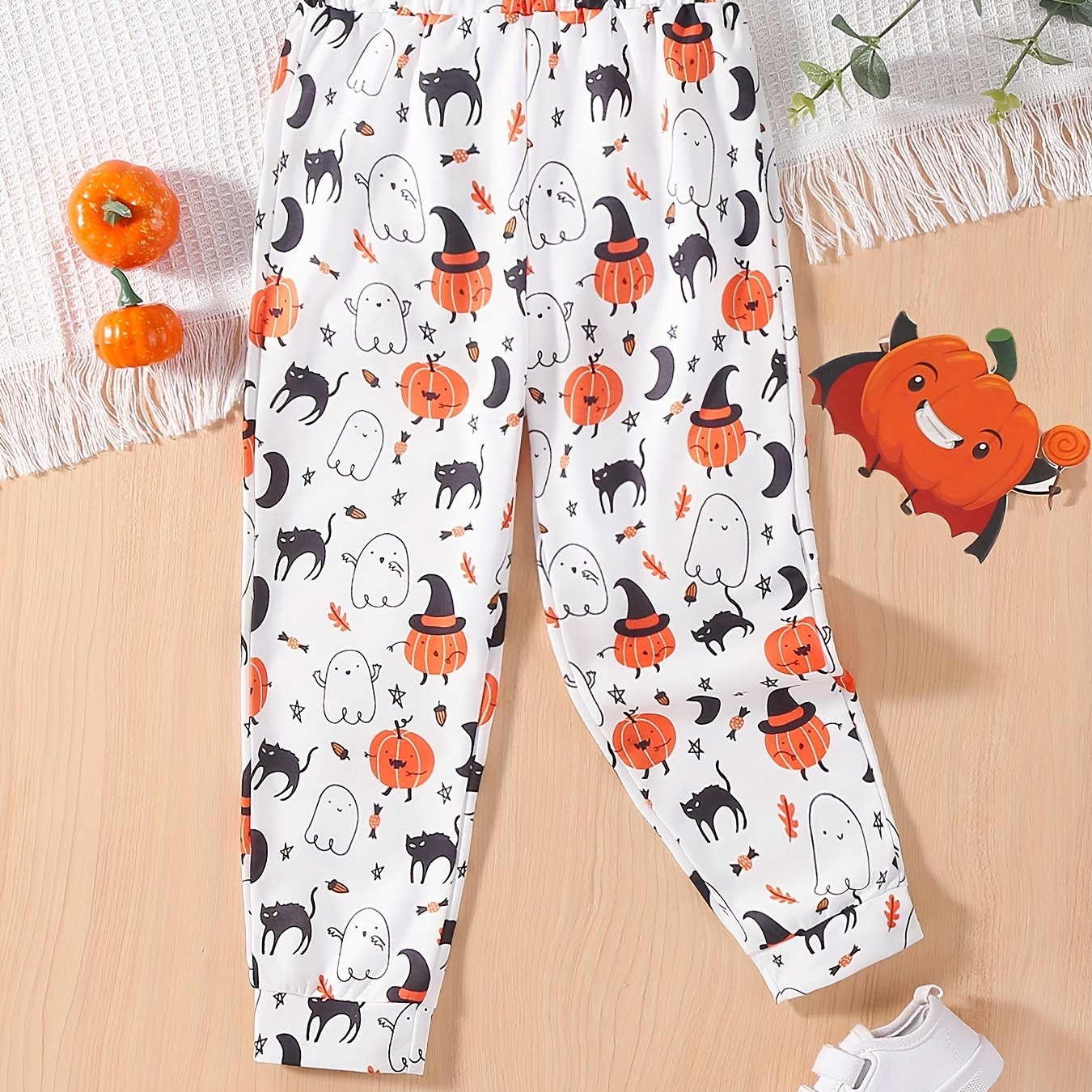 Girls Halloween Jogger Trousers Pumpkin Ghost Print Elastic Waist Pants
