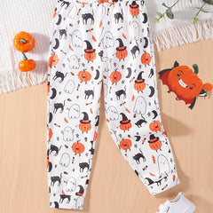 Girls Halloween Jogger Trousers Pumpkin Ghost Print Elastic Waist Pants