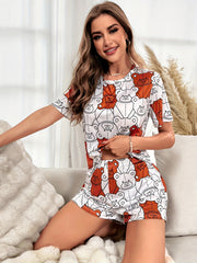 Bear Print Pajama Set Short Sleeve Crew Neck Top & Shorts